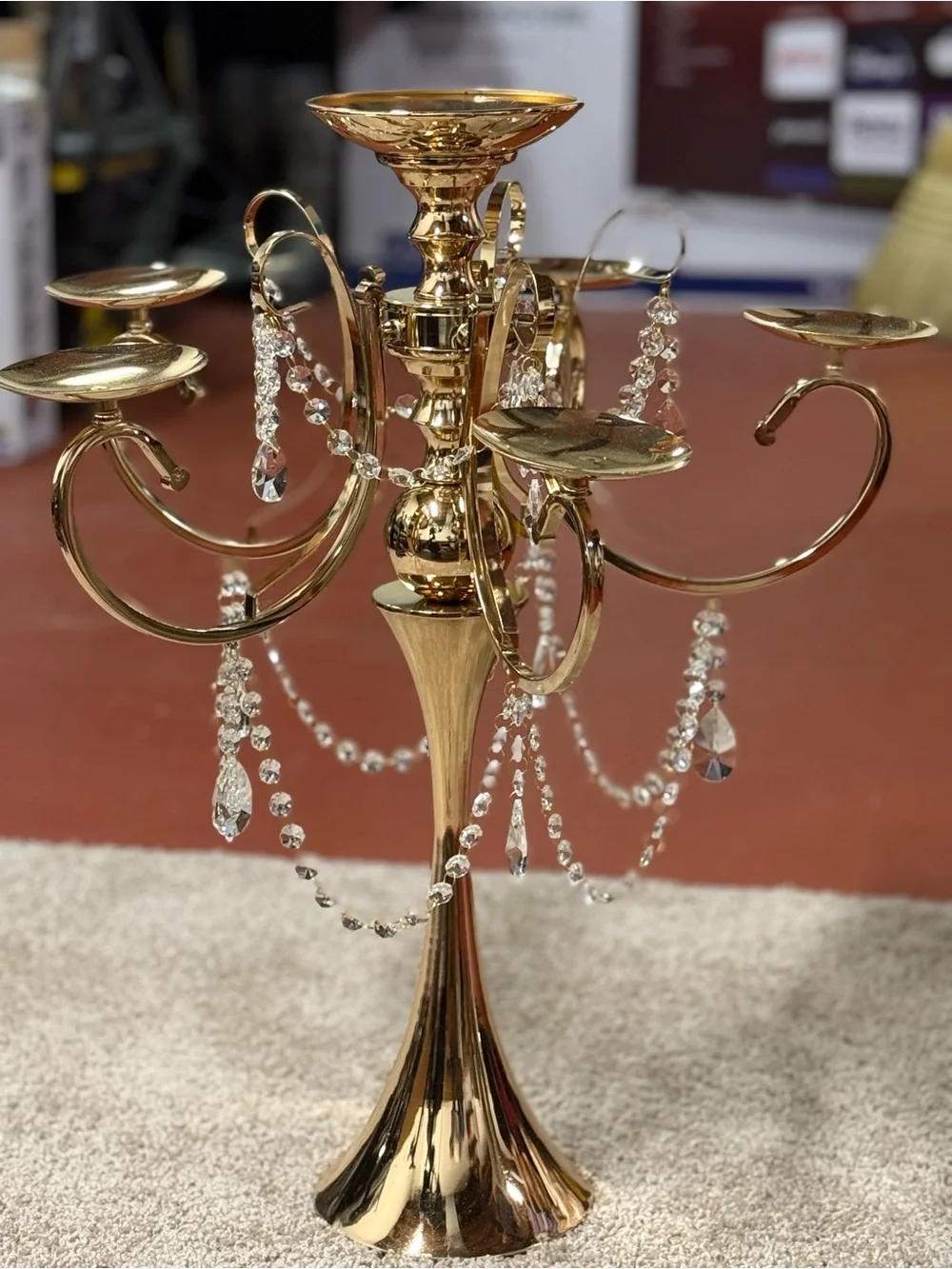 Elegant Gold Candelabra Centerpiece with White Floral Arrangement